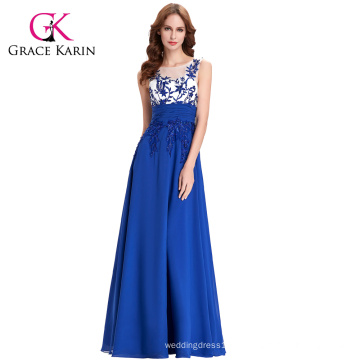 Grace Karin Sleeveless Blue Appliqued Long Chiffon Evening Dresses CL007512-1